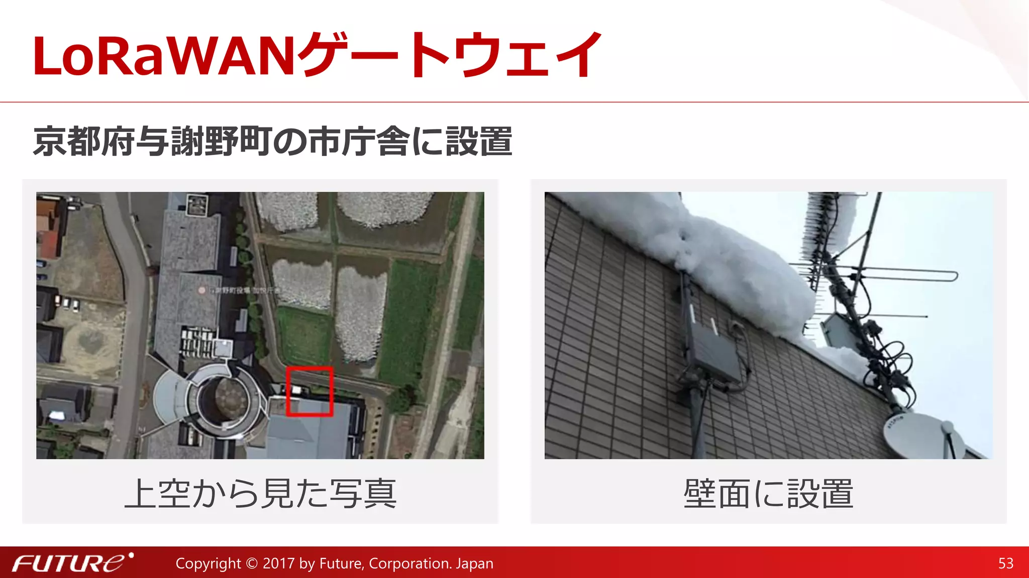 Copyright © 2017 by Future, Corporation. Japan 53
Copyright © 2017 by Future, Corporation. Japan
スマートビレッジに向けた
農業IoTへの活用
～loTのラストワンマイルをつなぐ新無線技術～
1. スマートビレッジ概要
2. LoRaWAN実験概要
3. 実例紹介
4. まとめ
目次
 