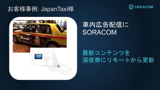 SORACOMの利用料金の例
①動態管理
毎分、位置データ(数百B) → 約303円/月
②決済端末
毎日、1000決済 (数KB/決済) → 約350円/月
③デジタルサイネージ
毎晩、新規広告データ(16MB) → 約396円/月
④モバイルワーカー(業務端末)
毎月、300MBのデータ → 約480円/月
(注: 速度クラスによって値段は変わります)
 
