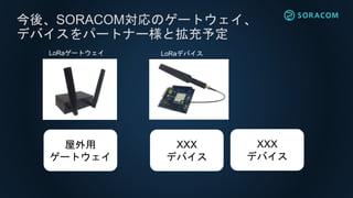 今後、SORACOM対応のゲートウェイ、
デバイスをパートナー様と拡充予定
LoRaゲートウェイ LoRaデバイス
屋外用
ゲートウェイ
XXX
デバイス
XXX
デバイス
 