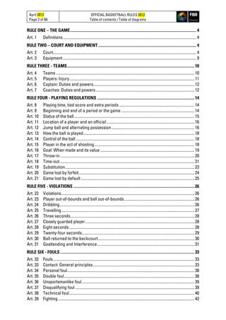 April 2012
Page 2 of 80
OFFICIAL BASKETBALL RULES 2012
Table of contents / Table of diagrams
RULE ONE – THE GAME..............................................................................................................................4
Art. 1 Definitions.....................................................................................................................................4
RULE TWO – COURT AND EQUIPMENT ..................................................................................................4
Art. 2 Court...............................................................................................................................................4
Art. 3 Equipment .....................................................................................................................................9
RULE THREE - TEAMS...............................................................................................................................10
Art. 4 Teams ..........................................................................................................................................10
Art. 5 Players: Injury.............................................................................................................................11
Art. 6 Captain: Duties and powers.....................................................................................................12
Art. 7 Coaches: Duties and powers ..................................................................................................12
RULE FOUR - PLAYING REGULATIONS .................................................................................................14
Art. 8 Playing time, tied score and extra periods ...........................................................................14
Art. 9 Beginning and end of a period or the game .........................................................................14
Art. 10 Status of the ball........................................................................................................................15
Art. 11 Location of a player and an official........................................................................................16
Art. 12 Jump ball and alternating possession...................................................................................16
Art. 13 How the ball is played...............................................................................................................18
Art. 14 Control of the ball ......................................................................................................................18
Art. 15 Player in the act of shooting....................................................................................................18
Art. 16 Goal: When made and its value ..............................................................................................19
Art. 17 Throw-in......................................................................................................................................20
Art. 18 Time-out ......................................................................................................................................21
Art. 19 Substitution.................................................................................................................................23
Art. 20 Game lost by forfeit ...................................................................................................................24
Art. 21 Game lost by default .................................................................................................................25
RULE FIVE - VIOLATIONS .........................................................................................................................26
Art. 22 Violations.....................................................................................................................................26
Art. 23 Player out-of-bounds and ball out-of-bounds......................................................................26
Art. 24 Dribbling......................................................................................................................................26
Art. 25 Travelling.....................................................................................................................................27
Art. 26 Three seconds............................................................................................................................28
Art. 27 Closely guarded player.............................................................................................................28
Art. 28 Eight seconds.............................................................................................................................28
Art. 29 Twenty-four seconds................................................................................................................29
Art. 30 Ball returned to the backcourt................................................................................................30
Art. 31 Goaltending and Interference.................................................................................................31
RULE SIX - FOULS......................................................................................................................................33
Art. 32 Fouls.............................................................................................................................................33
Art. 33 Contact: General principles.....................................................................................................33
Art. 34 Personal foul...............................................................................................................................38
Art. 35 Double foul..................................................................................................................................38
Art. 36 Unsportsmanlike foul................................................................................................................39
Art. 37 Disqualifying foul .......................................................................................................................39
Art. 38 Technical foul.............................................................................................................................40
Art. 39 Fighting........................................................................................................................................42
 
