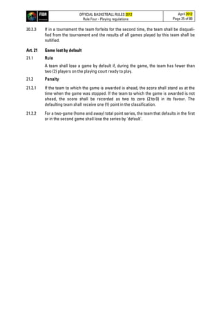 OFFICIAL BASKETBALL RULES 2012
Rule Four - Playing regulations
April 2012
Page 25 of 80
20.2.3 If in a tournament the team forfeits for the second time, the team shall be disquali-
fied from the tournament and the results of all games played by this team shall be
nullified.
Art. 21 Game lost by default
21.1 Rule
A team shall lose a game by default if, during the game, the team has fewer than
two (2) players on the playing court ready to play.
21.2 Penalty
21.2.1 If the team to which the game is awarded is ahead, the score shall stand as at the
time when the game was stopped. If the team to which the game is awarded is not
ahead, the score shall be recorded as two to zero (2 to 0) in its favour. The
defaulting team shall receive one (1) point in the classification.
21.2.2 For a two-game (home and away) total point series, the team that defaults in the first
or in the second game shall lose the series by 'default'.
 