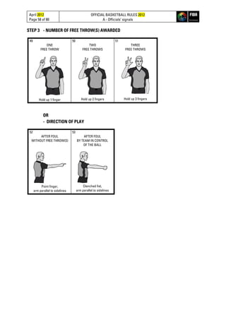 April 2012
Page 58 of 80
OFFICIAL BASKETBALL RULES 2012
A - Officials’ signals
STEP 3 - NUMBER OF FREE THROW(S) AWARDED
49
ONE
FREE THROW
Hold up 1 finger
50
TWO
FREE THROWS
Hold up 2 fingers
51
THREE
FREE THROWS
Hold up 3 fingers
OR
- DIRECTION OF PLAY
52
AFTER FOUL
WITHOUT FREE THROW(S)
Point finger,
arm parallel to sidelines
53
AFTER FOUL
BY TEAM IN CONTROL
OF THE BALL
Clenched fist,
arm parallel to sidelines
 