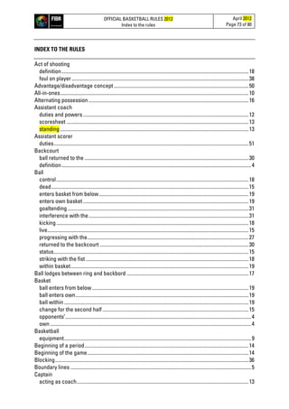 OFFICIAL BASKETBALL RULES 2012
Index to the rules
April 2012
Page 73 of 80
INDEX TO THE RULES
Act of shooting
definition..................................................................................................................................................18
foul on player..........................................................................................................................................38
Advantage/disadvantage concept .........................................................................................................50
All-in-ones...................................................................................................................................................10
Alternating possession.............................................................................................................................16
Assistant coach
duties and powers .................................................................................................................................12
scoresheet ..............................................................................................................................................13
standing ...................................................................................................................................................13
Assistant scorer
duties........................................................................................................................................................51
Backcourt
ball returned to the ................................................................................................................................30
definition....................................................................................................................................................4
Ball
control......................................................................................................................................................18
dead..........................................................................................................................................................15
enters basket from below.....................................................................................................................19
enters own basket .................................................................................................................................19
goaltending .............................................................................................................................................31
interference with the.............................................................................................................................31
kicking......................................................................................................................................................18
live.............................................................................................................................................................15
progressing with the..............................................................................................................................27
returned to the backcourt ....................................................................................................................30
status........................................................................................................................................................15
striking with the fist ...............................................................................................................................18
within basket...........................................................................................................................................19
Ball lodges between ring and backbord ...............................................................................................17
Basket
ball enters from below ..........................................................................................................................19
ball enters own.......................................................................................................................................19
ball within ................................................................................................................................................19
change for the second half..................................................................................................................15
opponents’.................................................................................................................................................4
own.............................................................................................................................................................4
Basketball
equipment..................................................................................................................................................9
Beginning of a period................................................................................................................................14
Beginning of the game..............................................................................................................................14
Blocking.......................................................................................................................................................36
Boundary lines .............................................................................................................................................5
Captain
acting as coach......................................................................................................................................13
 