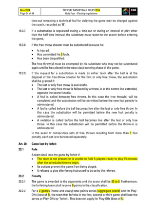May 2014
Page 24 of 84
OFFICIAL BASKETBALL RULES 2014
Rule Four - Playing regulations
time-out remaining a technical foul for delaying the game may be charged against
the coach, recorded as 'B'.
19.3.7 If a substitution is requested during a time-out or during an interval of play other
than the half-time interval, the substitute must report to the scorer before entering
the game.
19.3.8 If the free-throw shooter must be substituted because he:
• Is injured.
• Has committed his 5 fouls.
• Has been disqualified.
The free throw(s) must be attempted by his substitute who may not be substituted
again until he has played in the next clock-running phase of the game.
19.3.9 If the request for a substitution is made by either team after the ball is at the
disposal of the free-throw shooter for the first or only free throw, the substitution
shall be granted if:
• The last or only free throw is successful.
• The last or only free throw is followed by a throw-in at the centre line extended,
opposite the scorer’s table.
• A foul is called between free throws. In this case the free throw(s) will be
completed and the substitution will be permitted before the new foul penalty is
administered.
• A foul is called before the ball becomes live after the last or only free throw. In
this case the substitution will be permitted before the new foul penalty is
administered.
• A violation is called before the ball becomes live after the last or only free
throw. In this case the substitution will be permitted before the throw-in is
administered.
In the event of consecutive sets of free throws resulting from more than 1 foul
penalty, each set is to be treated separately.
Art. 20 Game lost by forfeit
20.1 Rule
A team shall lose the game by forfeit if:
• The team is not present or is unable to field 5 players ready to play 15 minutes
after the scheduled time to begin.
• Its actions prevent the game from being played.
• It refuses to play after being instructed to do so by the referee.
20.2 Penalty
20.2.1 The game is awarded to the opponents and the score shall be 20 to 0. Furthermore,
the forfeiting team shall receive 0 points in the classification.
20.2.2 For a 2-games (home and away) total points series (aggregate score) and for Play-
Offs (best of 3), the team that forfeits in the first, second or third game shall lose the
series or Play-Offs by 'forfeit'. This does not apply for Play-Offs (best of 5).
 