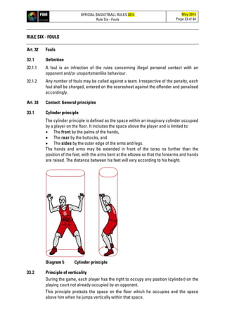 OFFICIAL BASKETBALL RULES 2014
Rule Six - Fouls
May 2014
Page 33 of 84
RULE SIX - FOULS
Art. 32 Fouls
32.1 Definition
32.1.1 A foul is an infraction of the rules concerning illegal personal contact with an
opponent and/or unsportsmanlike behaviour.
32.1.2 Any number of fouls may be called against a team. Irrespective of the penalty, each
foul shall be charged, entered on the scoresheet against the offender and penalised
accordingly.
Art. 33 Contact: General principles
33.1 Cylinder principle
The cylinder principle is defined as the space within an imaginary cylinder occupied
by a player on the floor. It includes the space above the player and is limited to:
• The front by the palms of the hands,
• The rear by the buttocks, and
• The sides by the outer edge of the arms and legs.
The hands and arms may be extended in front of the torso no further than the
position of the feet, with the arms bent at the elbows so that the forearms and hands
are raised. The distance between his feet will vary according to his height.
Diagram 5 Cylinder principle
33.2 Principle of verticality
During the game, each player has the right to occupy any position (cylinder) on the
playing court not already occupied by an opponent.
This principle protects the space on the floor which he occupies and the space
above him when he jumps vertically within that space.
 