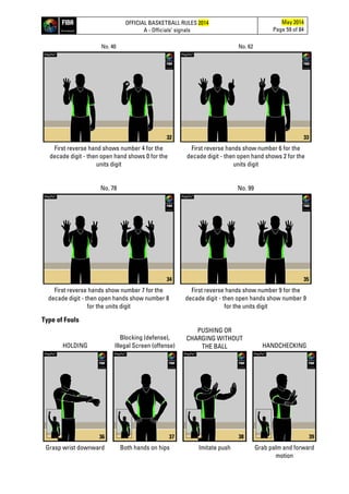 OFFICIAL BASKETBALL RULES 2014
A - Officials’ signals
May 2014
Page 59 of 84
No. 40 No. 62
First reverse hand shows number 4 for the
decade digit - then open hand shows 0 for the
units digit
First reverse hands show number 6 for the
decade digit - then open hand shows 2 for the
units digit
No. 78 No. 99
First reverse hands show number 7 for the
decade digit - then open hands show number 8
for the units digit
First reverse hands show number 9 for the
decade digit - then open hands show number 9
for the units digit
Type of Fouls
HOLDING
Blocking (defense),
Illegal Screen (offense)
PUSHING OR
CHARGING WITHOUT
THE BALL HANDCHECKING
Grasp wrist downward Both hands on hips Imitate push Grab palm and forward
motion
36 37 38 39
34 35
32 33
 