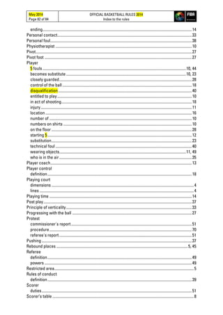May 2014
Page 82 of 84
OFFICIAL BASKETBALL RULES 2014
Index to the rules
ending.......................................................................................................................................................14
Personal contact........................................................................................................................................33
Personal foul...............................................................................................................................................38
Physiotherapist ..........................................................................................................................................10
Pivot..............................................................................................................................................................27
Pivot foot .....................................................................................................................................................27
Player
5 fouls.................................................................................................................................................10, 44
becomes substitute .........................................................................................................................10, 23
closely guarded......................................................................................................................................28
control of the ball...................................................................................................................................18
disqualification.......................................................................................................................................40
entitled to play........................................................................................................................................10
in act of shooting....................................................................................................................................18
injury.........................................................................................................................................................11
location ....................................................................................................................................................16
number of ................................................................................................................................................10
numbers on shirts ..................................................................................................................................10
on the floor..............................................................................................................................................28
starting 5..................................................................................................................................................12
substitution..............................................................................................................................................23
technical foul..........................................................................................................................................40
wearing objects................................................................................................................................11, 49
who is in the air......................................................................................................................................35
Player coach...............................................................................................................................................13
Player control
definition..................................................................................................................................................18
Playing court
dimensions ................................................................................................................................................4
lines ............................................................................................................................................................4
Playing time ................................................................................................................................................14
Post play......................................................................................................................................................37
Principle of verticality...............................................................................................................................33
Progressing with the ball .........................................................................................................................27
Protest
commissioner's report..........................................................................................................................51
procedure................................................................................................................................................70
referee's report ......................................................................................................................................51
Pushing........................................................................................................................................................37
Rebound places .....................................................................................................................................5, 45
Referee
definition..................................................................................................................................................49
powers .....................................................................................................................................................49
Restricted area.............................................................................................................................................5
Rules of conduct
definition..................................................................................................................................................39
Scorer
duties........................................................................................................................................................51
Scorer’s table...............................................................................................................................................8
 