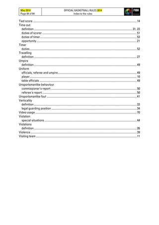 May 2014
Page 84 of 84
OFFICIAL BASKETBALL RULES 2014
Index to the rules
Tied score ...................................................................................................................................................14
Time-out
definition............................................................................................................................................21, 22
duties of scorer ......................................................................................................................................51
duties of timer.........................................................................................................................................53
opportunity..............................................................................................................................................21
Timer
duties........................................................................................................................................................52
Travelling
definition..................................................................................................................................................27
Umpire
definition..................................................................................................................................................49
Uniform
officials, referee and umpire................................................................................................................49
player........................................................................................................................................................10
table officials ..........................................................................................................................................49
Unsportsmanlike behaviour
commissioner's report..........................................................................................................................50
referee's report ......................................................................................................................................50
Unsportsmanlike foul ................................................................................................................................41
Verticality
definition..................................................................................................................................................33
legal guarding position .........................................................................................................................34
Video usage................................................................................................................................................70
Violation
special situations...................................................................................................................................44
Violations
definition..................................................................................................................................................26
Violence.......................................................................................................................................................39
Visiting team...............................................................................................................................................11
 