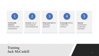 Continually
improve
Presidents Elect
Training Plan
1
Increase use of
technology for
self-development
2
Keep costs low for
attending
Rotarians
3
Encourage Rotary
Leadership
Institute
4
Expand
Club/District
Leadership
Assembly
5
Training
Jack McCaskill
 