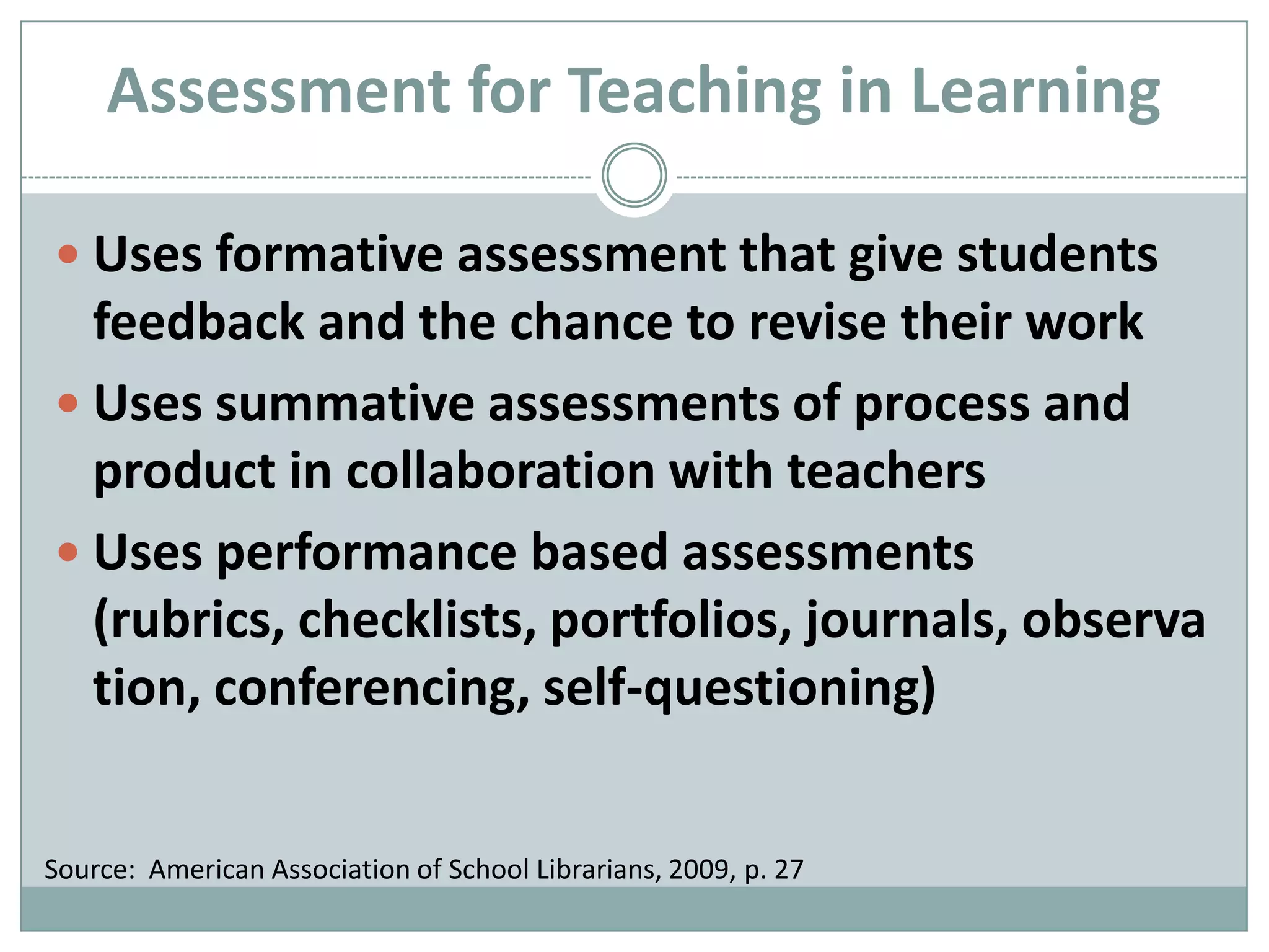 Uses formative assessment that give students feedback and the chance to revise their workUses summative assessments of process and product in collaboration with teachersUses performance based assessments (rubrics, checklists, portfolios, journals, observation, conferencing, self-questioning)Source:  American Association of School Librarians, 2009, p. 27Assessment for Teaching in Learning