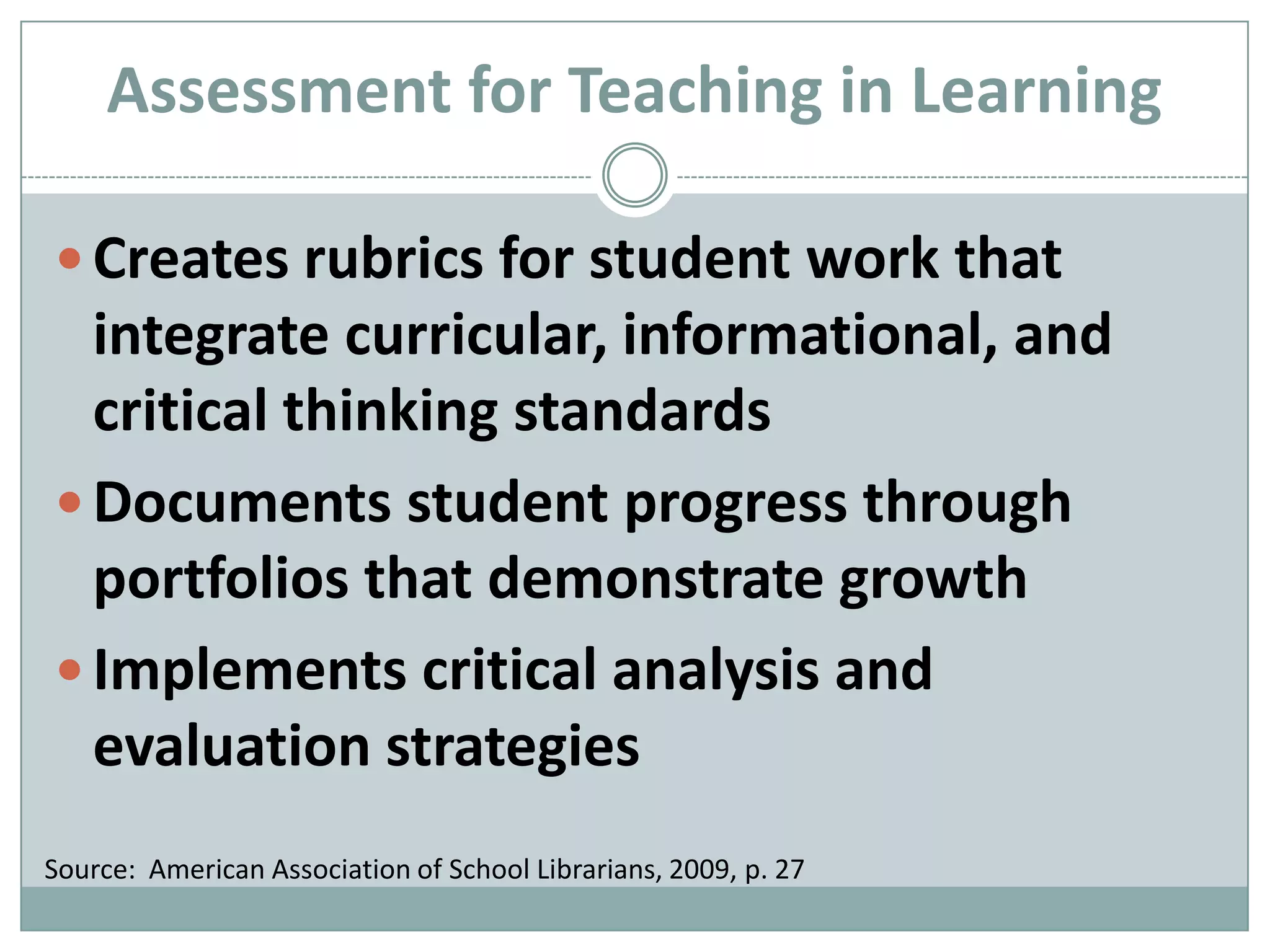 Creates rubrics for student work that integrate curricular, informational, and critical thinking standardsDocuments student progress through portfolios that demonstrate growthImplements critical analysis and evaluation strategiesAssessment for Teaching in LearningSource:  American Association of School Librarians, 2009, p. 27
