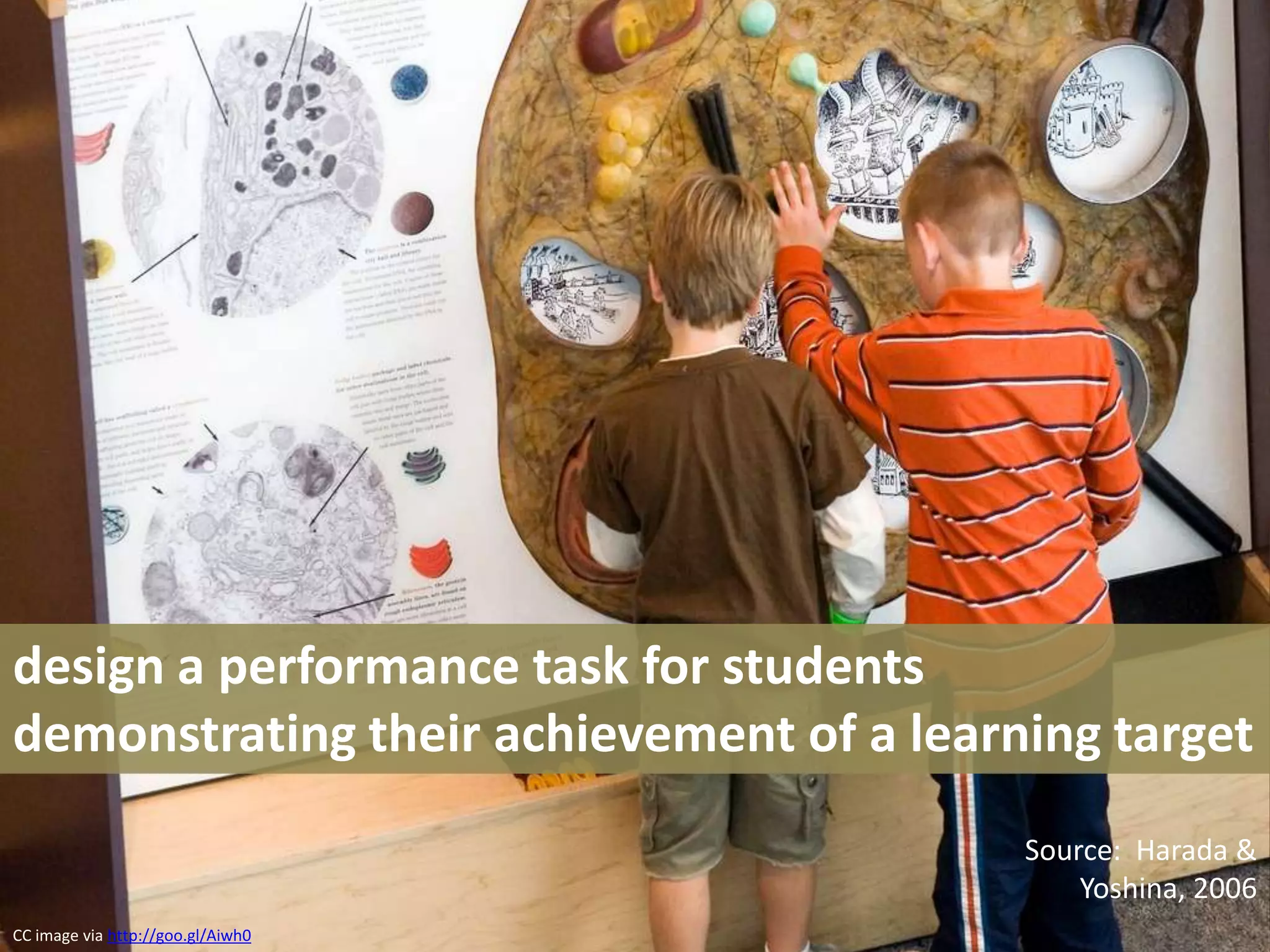design a performance task for students demonstrating their achievement of a learning targetSource:  Harada & Yoshina, 2006CC image via http://goo.gl/Aiwh0