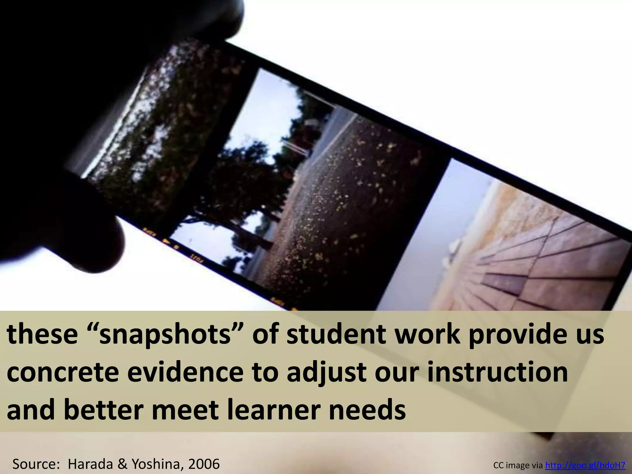 these “snapshots” of student work provide us concrete evidence to adjust our instruction and better meet learner needsSource:  Harada & Yoshina, 2006CC image via http://goo.gl/hdoH7