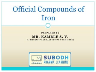 P R E P A R E D B Y
MR. KAMBLE S. V.
M . P H A R M ( P H A R M A C E U T I C A L C H E M I S T R Y )
Official Compounds of
Iron
 
