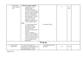 Page 11 of 12
1- Ss talk freely
about imaginary
past
A debate on positive thinking
- T regroups Ss with 2
different quotes
- T introduces the task:
"Now the 1st
group justifies
the hero's negative thinking
and the 2nd
group argues
for positive thinking. Use
these arguments. You have
8 mins to prepare your
arguments." T shows
handouts of argument and
counter argument points.
ICQs
- T: "You'll prepare what?
According to what?
Individuals/in groups?
How many mins?"
- T distributes handouts and
monitors
- T gives the signal so
groups can start the debate:
"Now you start the debate.
You have 10 mins. to cover
the points in the handouts."
- T gives feedback on Ss
performance
- Ss respond to ICQs
G 20
mins.
Wrap up
1- Ss sum up the
session ILOs
-T: "Now let's wrap up: You
learned how to talk and write about
real/imaginary past? And how
think about bad life events?"
- Ss respond easily to the
closed Qs T - C 1 min.
 