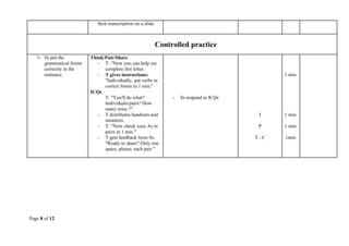 Page 8 of 12
their transcription on a slide.
Controlled practice
1- Ss put the
grammatical forms
correctly in the
sentence.
Think/Pair/Share
- T: "Now you can help me
complete this letter.
- T gives instructions:
"Individually, put verbs in
correct forms in 1 min."
ICQs
T: "You'll do what?
Individuals/pairs? How
many mins.?"
- T distributes handouts and
monitors.
- T: "Now check your As in
pairs in 1 min."
- T gets feedback form Ss:
"Ready to share? Only one
space, please, each pair."
- Ss respond to ICQs
I
P
T - C
1 min.
1 min.
1 min.
1min.
 