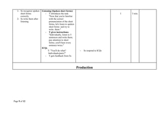 Page 9 of 12
1- Ss recognize spoken
short forms
correctly
2- Ss write them after
listening
Listening (Spoken short forms)
- T introduces the task:
"Now that you're familiar
with the correct
pronunciation of the short
forms, let's listen to spoken
short forms and try to
write them."
- T gives instructions:
"Individually, listen to 5
sentences and write them;
pay attention to short
forms; you'll hear every
sentence twice."
ICQs
T: "You'll do what?
Individuals/pairs?"
- T gets feedback from Ss
- Ss respond to ICQs
I 3 min.
Production
 