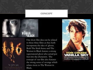 CONCEPT




Our short film idea can be related
to these three films as they both
incorporate the idea of ghosts.
Both The Sixth Sense and The
Woman in Black feature a strong
supernatural ghost who actual put
fear into the characters. The
concept of our film also features
the strong sense of revenge which
relates more to The Woman in
Black.
 