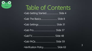 3
Table of Contents
•Gab Getting Started………………… Slide 4
•Gab The Basics………………………. Slide 8
•Gab Settings…………………………. Slide 31
•Gab Pro……………………………….. Slide 37
•GabTV…………………………………. Slide 48
•Gab FAQs…………………………….. Slide 59
•Verification Policy…………………… Slide 63
 