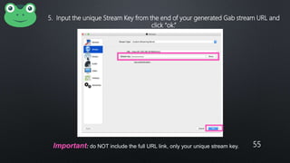 55
5. Input the unique Stream Key from the end of your generated Gab stream URL and
click “ok.”
Important: do NOT include the full URL link, only your unique stream key.
 