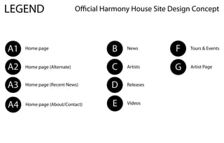 LEGEND Official Harmony House Site Design Concept
A1 Home page
A2 Home page (Alternate)
A3 Home page (Recent News)
A4 Home page (About/Contact)
B News
C Artists
D Releases
E Videos
F Tours & Events
G Artist Page
 