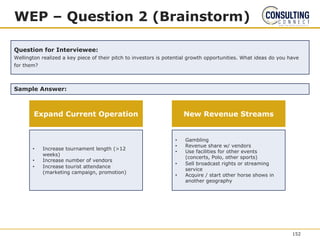 WEP – Question 2 (Brainstorm)
Question for Interviewee:
Wellington realized a key piece of their pitch to investors is potential growth opportunities. What ideas do you have
for them?
Sample Answer:
• Increase tournament length (>12
weeks)
• Increase number of vendors
• Increase tourist attendance
(marketing campaign, promotion)
Expand Current Operation
• Gambling
• Revenue share w/ vendors
• Use facilities for other events
(concerts, Polo, other sports)
• Sell broadcast rights or streaming
service
• Acquire / start other horse shows in
another geography
New Revenue Streams
152
 