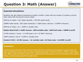 Question 3: Math (Answer)
Expected Calculations:
Students may get tripped up because one table in exhibit 1 starts with the number of condoms, and the
other starts with the amount of pure rubber:
2MM lbs of rubber x 125 rubber bands/lb = 250 MM rubber bands
250MM rubber bands / 500 rubber bands/box = 500K boxes x $20 box = $10MM in Revenue
2MM lbs of rubber x $1 = $2MM in variable costs
Rubber Band Profit = $10M revenue - $2M variable costs - $4M fixed costs = $4MM in profit
10 MM condoms / 4 pack = 2.5 MM packs x $3 = $7.5MM in Revenue
10MM condoms x $0.10 = $1MM in variable costs
Condom Profit = $7.5M revenue – $1 variable costs –$2 fixed costs = $4.5MM in profit
Commentary:
A good answer will arrive at the math and note that the two profits are comparable. A great answer will
also note that the margin on the condoms is significantly higher (4.5 MM in profit for 3 MM in costs, rather
than 4MM in profit for 6 MM in costs). Also, a great answer will question why the overhead for the condom
factory is small compared with the rubber band
160
 