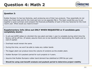 Question 4: Math 2
Question 3:
Rubber Bumper Co has two factories, each producing one of their two products. They essentially do not
share any fixed costs and for the most part are run as separate P&L’s. The team would like you to put
together a quick summary and compare the financial profitability of each of the two factories for the most
recent year. What would you need to know?
Supplementary Info (Give out ONLY WHEN REQUESTED or if candidate gets
completely stuck):
• It will cost $2MM dollars to refurbish the new plant and take 1 year to complete during which time the
factory will be off line. (If asked, assume there are no tax benefits from depreciating the CapEx and no
cost of capital)
• Overhead would remain the same
• During this time, we won’t be able to make any rubber bands
• The bigger plant can produce twice the volume of condoms as the smaller plant.
• Rubber Bumper Co’s payback period for such projects is 4 years.
• Assume that Rubber Bumpers rubber band demand has stabilized at 2MM lbs per year.
• Should be using cost-benefit analysis and payback period to determine project viability
161
 