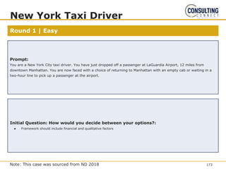Round 1 | Easy
New York Taxi Driver
Prompt:
You are a New York City taxi driver. You have just dropped off a passenger at LaGuardia Airport, 12 miles from
downtown Manhattan. You are now faced with a choice of returning to Manhattan with an empty cab or waiting in a
two-hour line to pick up a passenger at the airport.
Initial Question: How would you decide between your options?:
● Framework should include financial and qualitative factors
173
Note: This case was sourced from ND 2018
 