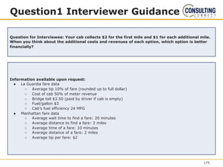 Question1 Interviewer Guidance
Question for Interviewee: Your cab collects $2 for the first mile and $1 for each additional mile.
When you think about the additional costs and revenues of each option, which option is better
financially?
Information available upon request:
● La Guardia fare data
○ Average tip 10% of fare (rounded up to full dollar)
○ Cost of cab 50% of meter revenue
○ Bridge toll $3.50 (paid by driver if cab is empty)
○ Fuel/gallon $3
○ Cab’s fuel efficiency 24 MPG
● Manhattan fare data
○ Average wait time to find a fare: 20 minutes
○ Average distance to find a fare: 2 miles
○ Average time of a fare: 10 minutes
○ Average distance of a fare: 2 miles
○ Average tip per fare: $2
175
 