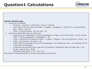 Question1 Calculations
Solution Walkthrough:
● Staying at La Guardia
○ Revenue = Fare $13 + Toll $3.50 + Tip $2 = $18.50
○ Cost: Gas $1.50 (12 miles at 24 MPG = ½ gallon * $3/gallon) + Toll $3.50 + Car $6.50 ($13
fare * 50%) = $11.50
○ Profit = $18.50 revenue - $11.50 cost = $7
● Leaving for Manhattan with an empty cab
○ Revenue once in Manhattan = Fare $3 (average of 2 miles = $2 for first miles + $1 for second
mile) + Tip $2 (average tip in Manhattan) = $5
○ Costs = Gas $0.50 (4 miles at 24 MPG = ⅙ gallon * $3/gal) + Car $1.50 ($3 fare * 50%) = $2
○ Profit = $4 revenue = $2 costs = $3
○ Total Profit $12 (it takes 20 mins to find passenger +10 minutes per ride = 30 minutes) for the
4 taxi rides in Manhattan
○ Include the gas and toll cost to get from La Guardia to Manhattan with an empty cab = Toll
$3.50 + Gas $1.50 = $5.00
○ Therefore, total profit = $12 - $5 = $7
The amount of expected profit fro the two alternatives is the same.
176
 