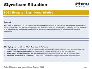 BCG | Round 2 | Easy | Manufacturing
Styrofoam Situation
Prompt:
Your client is the CEO of Cup Co, a national supplier of Styrofoam cups to restaurants. While profit has been steady,
she is worried about the influx of cheaper products from China by a new competitor (Chalice Inc) and has called you
in to determine how threatening the situation is and to give a recommendation on how to ensure continued
profitability.
Clarifying Information (Only Provide if Asked):
• Who are Cup Co’s customers? Cup Co’s customer base consists only of restaurant chains in the US (McDonald’s, etc)
• What is Cup Co’s product makeup? For the purpose of this case, assume Cup Co only has one product
• Where does Cup Co manufacture and sell its products? Cup Co manufactures and sells its product in the US
• Additional information on Chalice Inc? Chalice Inc is Chinese based company with no other product in the US
180
Note: This case was sourced from Darden 2018
 