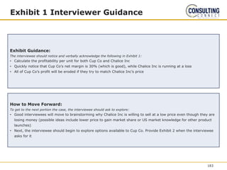 Exhibit 1 Interviewer Guidance
Exhibit Guidance:
The interviewee should notice and verbally acknowledge the following in Exhibit 1:
• Calculate the profitability per unit for both Cup Co and Chalice Inc
• Quickly notice that Cup Co’s net margin is 30% (which is good), while Chalice Inc is running at a loss
• All of Cup Co’s profit will be eroded if they try to match Chalice Inc’s price
How to Move Forward:
To get to the next portion the case, the interviewee should ask to explore:
• Good interviewees will move to brainstorming why Chalice Inc is willing to sell at a low price even though they are
losing money (possible ideas include lower price to gain market share or US market knowledge for other product
launches)
• Next, the interviewee should begin to explore options available to Cup Co. Provide Exhibit 2 when the interviewee
asks for it
183
 