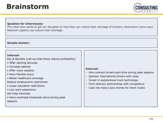Brainstorm
Question for Interviewee:
The client also wants to get our thoughts on how they can reduce their shortage of truckers. Brainstorm some ways
National Logistics can reduce their shortage.
Internal:
Pay & Benefits (call out that these reduce profitability)
• Offer starting bonuses
• Increase salaries
• Offer more vacation
• More Flexible hours
• Better healthcare coverage
Reduce employment restrictions
• Lower education restrictions
• Low work experience
Get help internally
• Have overhead employees drive during peak
seasons
195
External:
• Hire contract drivers part-time during peak seasons
• Sponsor international drivers with visas
• Invest in autonomous truck technology
• Form delivery partnerships with competitors
• Look into heavy duty drones for short routes
Sample Answer:
 