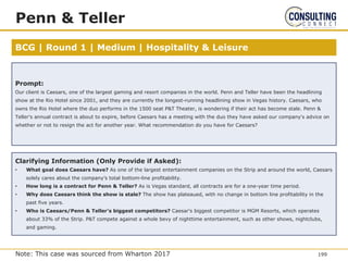 BCG | Round 1 | Medium | Hospitality & Leisure
Penn & Teller
Note: This case was sourced from Wharton 2017
Prompt:
Our client is Caesars, one of the largest gaming and resort companies in the world. Penn and Teller have been the headlining
show at the Rio Hotel since 2001, and they are currently the longest-running headlining show in Vegas history. Caesars, who
owns the Rio Hotel where the duo performs in the 1500 seat P&T Theater, is wondering if their act has become stale. Penn &
Teller's annual contract is about to expire, before Caesars has a meeting with the duo they have asked our company's advice on
whether or not to resign the act for another year. What recommendation do you have for Caesars?
Clarifying Information (Only Provide if Asked):
• What goal does Caesars have? As one of the largest entertainment companies on the Strip and around the world, Caesars
solely cares about the company’s total bottom-line profitability.
• How long is a contract for Penn & Teller? As is Vegas standard, all contracts are for a one-year time period.
• Why does Caesars think the show is stale? The show has plateaued, with no change in bottom line profitability in the
past five years.
• Who is Caesars/Penn & Teller’s biggest competitors? Caesar's biggest competitor is MGM Resorts, which operates
about 33% of the Strip. P&T compete against a whole bevy of nighttime entertainment, such as other shows, nightclubs,
and gaming.
199
 