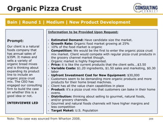 Bain | Round 1 | Medium | New Product Development
Organic Pizza Crust
Note: This case was sourced from Wharton 2008.
Prompt:
Our client is a natural
foods company that
has annual sales of
$35M. It makes and
sells a variety of
organic bread mixes
and is thinking about
expanding its product
line to include an
organic pizza crust
mix. The CEO has
engaged our consulting
firm to build the case
on whether this is a
good idea or not.
INTERVIEWEE LED
Information to be Provided Upon Request:
• Estimated Demand: Have candidate size the market.
• Growth Rate: Organic food market growing at 25%
• 10% of the food market is organic
• Competition: We would be the first to enter the organic pizza crust
mix market. Client would compete with regular pizza crust products in
the grocery channel market though.
• Organic market is highly fragmented.
• Price: it is like the current products that the client sells….$3.50
• Variable Costs: $1.20 ingredients, $1.50 sales and marketing, $0.30
labor
• Upfront Investment Cost for New Equipment: $30,000
• Customers seem to be demanding more organic products and more
products for their home bread machines.
• Client has all the value chain capabilities in place
• Product: it’s a pizza crust mix that customers can bake in their home
ovens.
• Distribution: thinking about selling to gourmet, natural foods,
and/or grocery channels.
• Gourmet and natural foods channels will have higher margins and
less competition
• Target Maket: U.S. Population
209
 