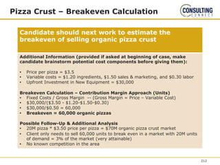 Pizza Crust – Breakeven Calculation
Candidate should next work to estimate the
breakeven of selling organic pizza crust
Additional Information (provided if asked at beginning of case, make
candidate brainstorm potential cost components before giving them):
• Price per pizza = $3.5
• Variable costs = $1.20 ingredients, $1.50 sales & marketing, and $0.30 labor
• Upfront Investment in New Equipment = $30,000
Breakeven Calculation – Contribution Margin Approach (Units)
• Fixed Costs / Gross Margin -- (Gross Margin = Price – Variable Cost)
• $30,000/($3.50 - $1.20-$1.50-$0.30)
• $30,000/$0.50 = 60,000
• Breakeven = 60,000 organic pizzas
Possible Follow-Up & Additional Analysis
• 20M pizza * $3.50 price per pizza = $70M organic pizza crust market
• Client only needs to sell 60,000 units to break even in a market with 20M units
of demand = 3% of the market (very attainable)
• No known competition in the area
212
 