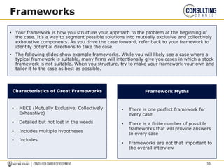 • Your framework is how you structure your approach to the problem at the beginning of
the case. It’s a way to segment possible solutions into mutually exclusive and collectively
exhaustive components. As you drive the case forward, refer back to your framework to
identify potential directions to take the case.
• The following slides show example frameworks. While you will likely see a case where a
typical framework is suitable, many firms will intentionally give you cases in which a stock
framework is not suitable. When you structure, try to make your framework your own and
tailor it to the case as best as possible.
Frameworks
• MECE (Mutually Exclusive, Collectively
Exhaustive)
• Detailed but not lost in the weeds
• Includes multiple hypotheses
• Includes
• There is one perfect framework for
every case
• There is a finite number of possible
frameworks that will provide answers
to every case
• Frameworks are not that important to
the overall interview
Characteristics of Great Frameworks Framework Myths
33
 