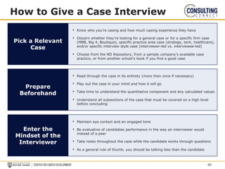 How to Give a Case Interview
Prepare
Beforehand
Enter the
Mindset of the
Interviewer
Pick a Relevant
Case
• Know who you’re casing and how much casing experience they have
• Discern whether they’re looking for a general case or for a specific firm case
(MBB, Big 4, Boutique), specific practice area case (strategy, tech, healthcare),
and/or specific interview style case (interviewer-led vs. interviewee-led)
• Choose from the ND Repository, from a sample company’s available case
practice, or from another school’s book if you find a good case
• Read through the case in its entirety (more than once if necessary)
• Play out the case in your mind and how it will go
• Take time to understand the quantitative component and any calculated values
• Understand all subsections of the case that must be covered on a high level
before concluding
• Maintain eye contact and an engaged tone
• Be evaluative of candidates performance in the way an interviewer would
instead of a peer
• Take notes throughout the case while the candidate works through questions
• As a general rule of thumb, you should be talking less than the candidate
40
 