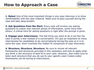 How to Approach a Case
1. Relax! One of the most important things in any case interview is to show
comfortability with the case material. Make sure to pace yourself during the
case and take deep breaths
2. Ask Questions from the Start. Every case will involve you asking
questions to unlock new relevant pieces of information, some more than
others. A critical time for asking questions is right after the prompt is given.
3. Engage your Interviewer. The last thing you want to do is act like the
case is purely a test instead of a conversation. It’s just as important to many
interviewees for candidates to be conversational during the case as it is to
solve the case. Don’t overlook this hidden fit component of case interviews
4. Structure, Structure, Structure. Be sure to review all relevant
frameworks and structures provided in this repository and look to apply what
you think is the structure of best fit to your case. However, also make sure to
tailor each structure that you do use to your specific case! Cookie cutter
frameworks can be boring to interviewers.
42
 
