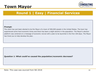 Round 1 | Easy | Financial Services
Town Mayor
Prompt:
The client has just been elected to be the Mayor of a town of 500,000 people in the United States. The town has
experienced some hard economic times and there has been a slight decline in the population. The Mayor’s election
platform was centered on a message of economic revival with a plan to be launched in the first 100-days. The Mayor
has hired you to help develop the plan.
Question 1: What could’ve caused the population/economic decrease?
49
Note: This case was sourced from ND 2018
 
