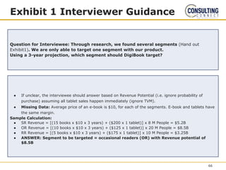 Exhibit 1 Interviewer Guidance
Question for Interviewee: Through research, we found several segments (Hand out
Exhibit1). We are only able to target one segment with our product.
Using a 3-year projection, which segment should DigiBook target?
● If unclear, the interviewee should answer based on Revenue Potential (i.e. ignore probability of
purchase) assuming all tablet sales happen immediately (ignore TVM).
● Missing Data: Average price of an e-book is $10, for each of the segments. E-book and tablets have
the same margin.
Sample Calculation:
● SR Revenue = [(15 books x $10 x 3 years) + ($200 x 1 tablet)] x 8 M People = $5.2B
● OR Revenue = [(10 books x $10 x 3 years) + ($125 x 1 tablet)] x 20 M People = $8.5B
● RR Revenue = [(5 books x $10 x 3 years) + ($175 x 1 tablet)] x 10 M People = $3.25B
● ANSWER: Segment to be targeted = occasional readers (OR) with Revenue potential of
$8.5B
66
 