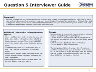 Question 5 Interviewer Guide
Question 5:
• Switching focuses a little bit, the team also wanted to explore what increase in monetary donations they might need to see to
make up for the decrease in food donations from grocery stores. Based on the value of the food by stores (The cost of the food
to the grocery stores), grocery stores will donate $10,000 less of food next year. How much money would the food bank need
to raise to buy an equivalent amount of food at their discounted price?
Additional Information to be given upon
request
• When a food bank buys food, it is not at the same cost
to the store (so they will need more than $10,000 to
buy an equivalent amount of food since the $10,000
given in the problem is the cost of food to the grocery
store).
• The average item costs $1.25 for a grocery store to
buy. (That’s the cost of the product to the grocery
store.)
• Grocery stores typically have a 6% markup on the cost
of their products. (This is extraneous information but
give it if requested.)
• The average discounted price for an item of food (i.e.
the price the food bank pays) is $1.30.
Answer
• Note that this is all incremental – you don’t need to calculate
anything based off the previous chart given.
• $10,000 at cost for grocery stores / $1.25 average cost of
food item for grocery stores = 8,000 units less of food will be
donated
• 8,000 fewer units x $1.30 cost of food bank to buy =
$10,400 needed to make up for the loss
• The strongest candidates will compare this information to
what they were previously given. If donations must increase
by $10,400 to make up for the decrease in food, this is more
than the increase in donations historically, which has been
about $5,000 per year based on the chart.
79
 