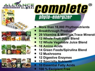 Whole Fruit Juice Blends

Whole Veggies Blends

Mushrooms

•
•
•
•
•
•
•
•
•
•
•
•

More than 16,000 Phythonutrients
Breakthrough Product
29 Vitamins & Minerals,Trace Minerals
12 Whole Fruit Juice Blend
12 Whole Vegetable Juice Blend
18 Amino Acids
14 Green Foods/Spirulina Blend
12 Mushrooms
12 Digestive Enzymes
12 Specialty Nutrients
10 Essential Fatty Acids
100 % Excipient Free

 