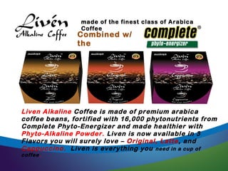 made of the finest class of Arabica
Coffee Beans.

Combined w/
the

Liven Alkaline Coffee is made of premium arabica
coffee beans, fortified with 16,000 phytonutrients from
Complete Phyto-Energizer and made healthier with
Phyto-Alkaline Powder. Liven is now available in 3
Flavors you will surely love – Original, Latte, and
Cappuccino. Liven is everything you need in a cup of
coffee.

 