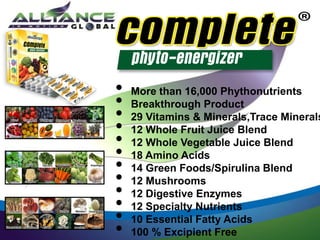 Whole Fruit Juice Blends
Mushrooms
• More than 16,000 Phythonutrients
• Breakthrough Product
• 29 Vitamins & Minerals,Trace Minerals
• 12 Whole Fruit Juice Blend
• 12 Whole Vegetable Juice Blend
• 18 Amino Acids
• 14 Green Foods/Spirulina Blend
• 12 Mushrooms
• 12 Digestive Enzymes
• 12 Specialty Nutrients
• 10 Essential Fatty Acids
• 100 % Excipient Free
Whole Veggies Blends
 