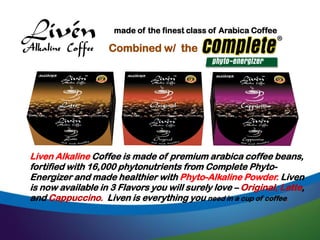made of the finest class of Arabica Coffee
Beans.
Liven Alkaline Coffee is made of premium arabica coffee beans,
fortified with 16,000 phytonutrients from Complete Phyto-
Energizer and made healthier with Phyto-Alkaline Powder. Liven
is now available in 3 Flavors you will surely love – Original, Latte,
and Cappuccino. Liven is everything you need in a cup of coffee.
Combined w/ the
 