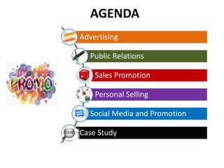 Advertising
Public Relations
Sales Promotion
Personal Selling
Social Media and Promotion
Case Study
AGENDA
 