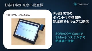 お客様事例:東急不動産様
SORACOM Canalで
SIMからシステムまで
閉域網で接続
iPad端末での
ポイント付与情報を
閉域網でセキュアに送信
 