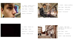 1. Scene – Daniel has a
tear down his cheek.
Shot Type – Close up
Duration - 00:07:00
Sound - Voiceover
2. Scene – Same as before
Shot Type – Wide shot
Duration - 00:03:00
Sound - Voiceover
3. Scene – Black out
Shot Type – none
Duration - 00:03:00
Sound – Train noise
4. Scene – The film
rewinds to the start of
the events
Shot Type – none
Duration - 00:04:00
Sound – tape rewinding
 